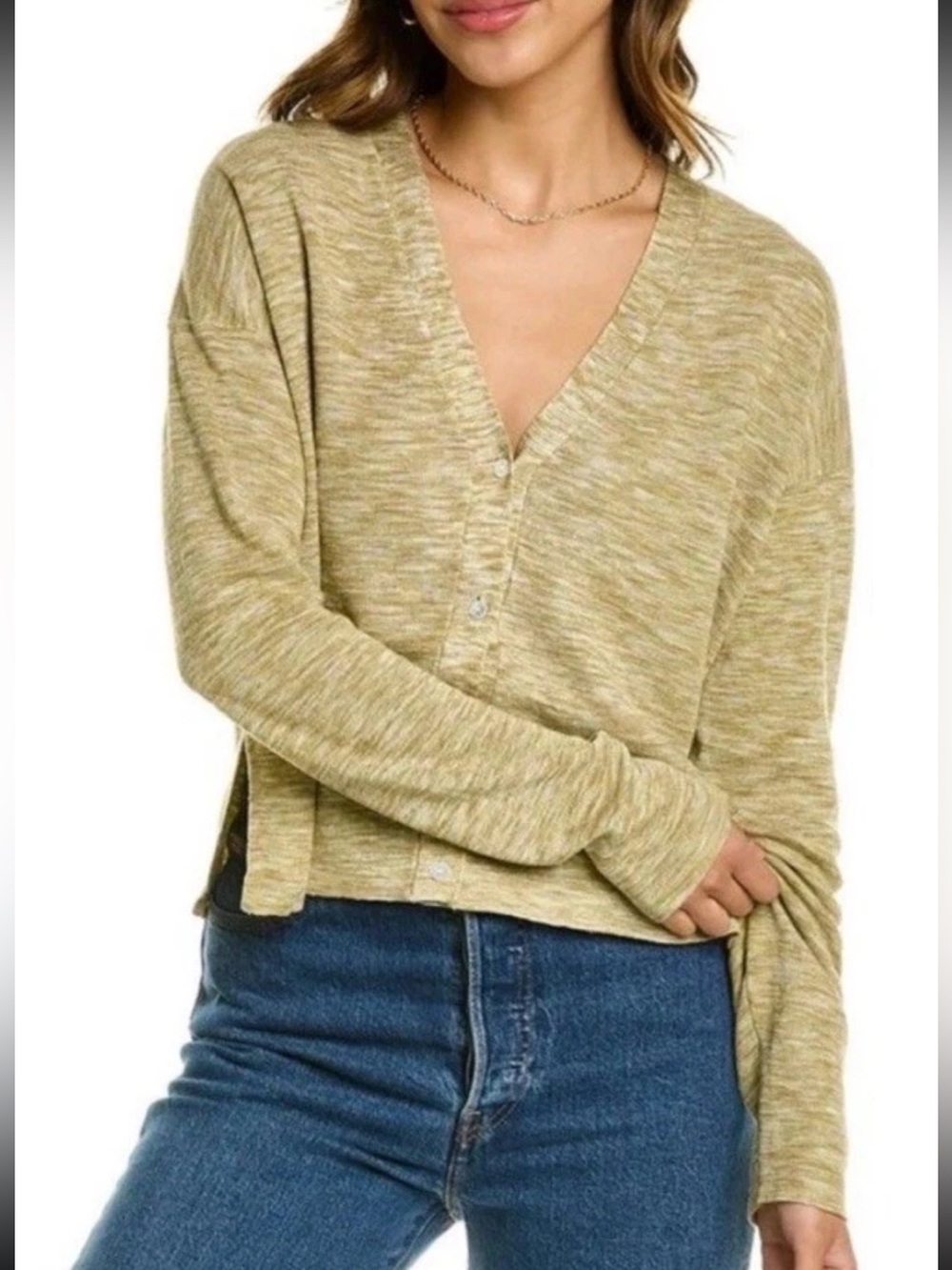 Theory Women’s S Hanalee Space Dye Linen Blend Button Green Cardigan Sweater